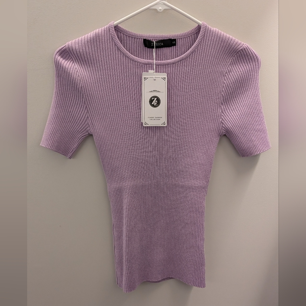 Zesica Lilac Ribbed Short Sleeve Top